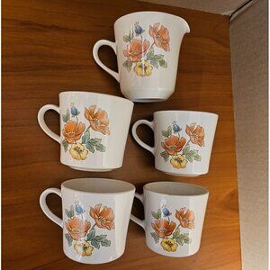 Vintage Corning Cornerstone 4 Mugs & Creamer Set. Royal Garden Pattern 70's Vibe